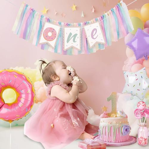 Kriyokiaa Donut Highchair Banner 1st Birthday Girl Sweet One Birthday Party Decorations Rainbow High Chair Banner Photo Background