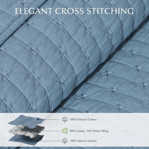 EVERGRACE x Kinsey Walsh Cross Stitch Pre-Washed Cotton Quilt Bedding Set Queen Size, Oversized 3 Pieces Lightweight Bedspread Coverlet for All Season, with 2 Matching Shams, Dusty Blue, 92x96