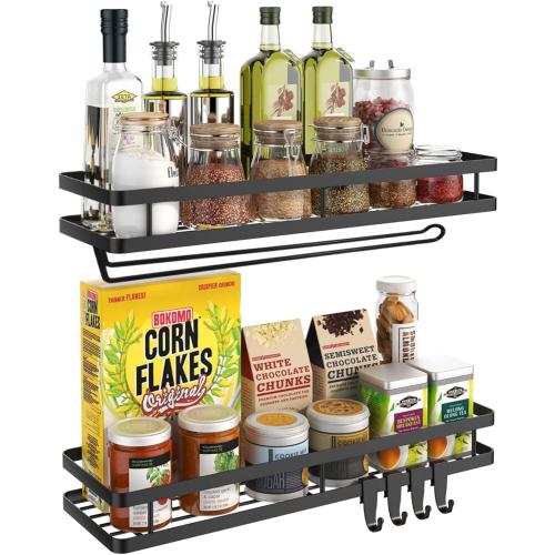 Spice Rack Organizer Wall Mount - 15.7in 2Pack [Upgraded Version] Hanging Seasoning Organizer Shelf with Paper Towel Holder, Storage for Cabinet or Wall Mounted with 4 Strong Hooks (Simple black)