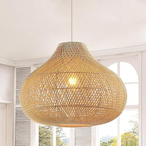 Large Rattan Pendant Light, 19.7 Rattan Boho Wicker Chandelier Hand-Woven Basket Pendant Light Fixtures for Dining Room Kitchen Island Living Room