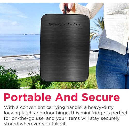 Frigidaire Mini Personal Fridge Cooler, Countertop, Holds Up to 10L/15 Cans, Brushed Black Stainless Rugged Design, Portable for Skincare, Makeup, Car, Office, Bedroom, Dorm Room, or Cabin