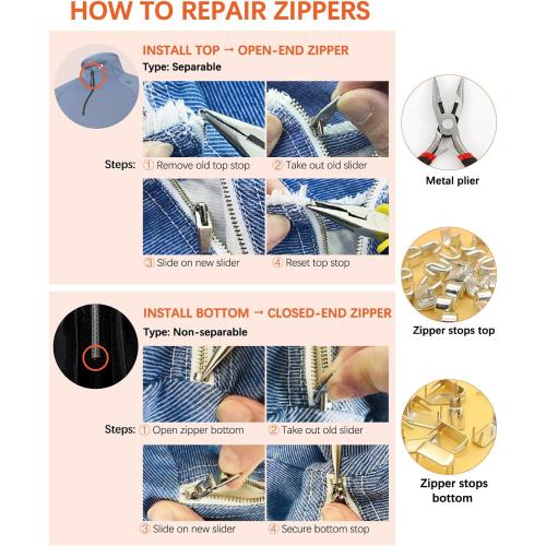 Zipper Repair Kit for YKK Metal, Molded Plastic & Coil Zippers, Compatible with YKK #3#5 Sizes,Replacement Sliders & Pulls for Clothing, Bags & Outdoor Gear