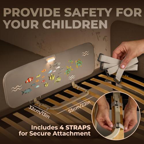 GREY With Fish Toddler Bed Rail with Night Light - Foldable Bed Side Rails - Fits for Most Beds Bed Rails for Full Size Bed, Queen Size Rails, Twin Rails - Portable Fence for Baby - 48inch