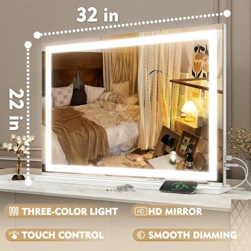 ROLOVE Vanity Mirror with Lights, 32 x 22 Large Lighted Vanity Mirror with Dimmable 3 Modes, LED Makeup Mirror, USB Charging Port, Tabletop or Wall-Mounted Square White
