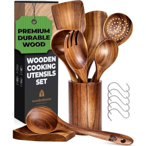 Teak Wooden Utensil Set with Spoon Rest & Hooks - Durable Wooden Spoons for Cooking with Comfort Grip - Effortless Clean, Non-Stick Friendly 8 Pcs