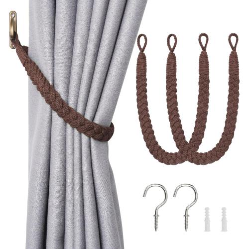 NICEEC 2 Pack Natural Cotton Rope Curtain Tiebacks Elegant Boho Style Decorative Drape Tie Backs Soft Hand-Woven Rope Curtain Holdbacks with Metal Hook for Home & Office Drapery (Coffee)