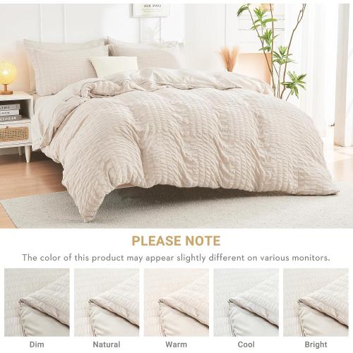 Beige HYMOKEGE Comforter Set Seersucker 7 Pieces, All Season Luxury Bed in a Bag for Bedroom, Bedding Set with Comforters, Sheets, Pillowcases & Shams