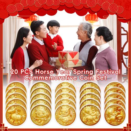 Chinese New Year Coins 2026, Chinese Year of the Horse Coins, 20PCS Lunar New Year Gold Coin Decorations, Zodiac Horse Coin with Fu Bags for Spring Festival Party Gifts Collection Souvenir