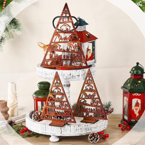 Huwena 3 Pcs Christmas Nativity Scene Table Ornament Vintage Jesus Nativity Set Rustic Farmhouse Holiday Wood Tree Wooden Christmas Tree Tabletop Decoration for Home Tiered Decor Xmas Signs (Novel)