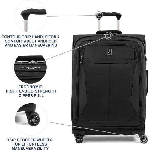 Travelpro Tourlite Softside 25 Expandable Luggage with 4 Spinner Wheels, Lightweight Suitcase, Checked Medium, Black