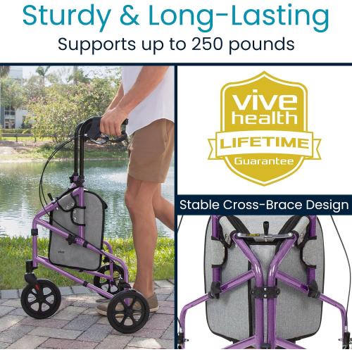 Vive Mobility 3 Wheel Walker - Three Wheeled Rollator for Seniors | Lightweight, Foldable, Narrow, Heavy Duty - for Elderly Men Women - Folding 3-Wheel Tri Scooter with Basket Bag