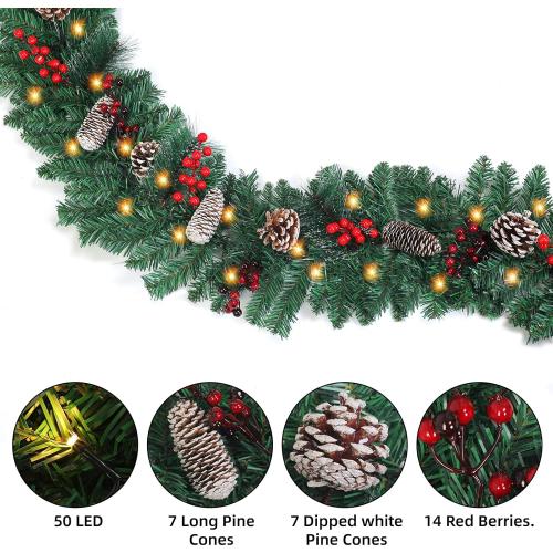 9FT Christmas Garland，Battery Operated Lighted Garland with Pine Cones Red Berries Lush Branches，50 LED Lights 8 Modes，Christmas Decorations