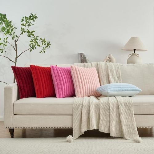 FUTEI Dark Grey Throw Pillow Covers Set of 2, 18x18 Inch Soft Faux Rabbit Fur Striped Texture Cushion Cases, Modern Decorative Couch Pillows for Living Room Bed
