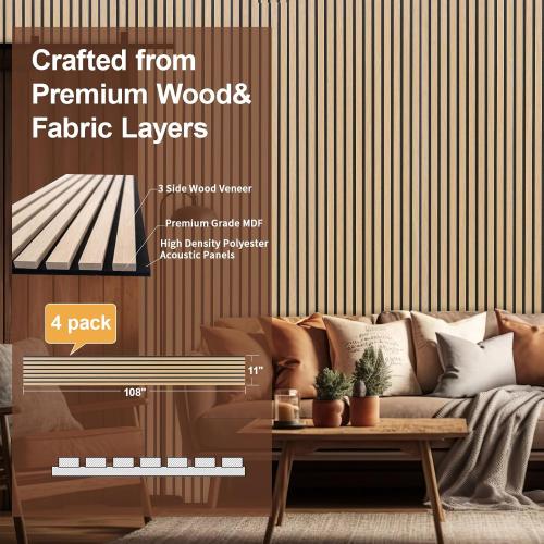 Yuzzy Wood Panels for Wall and Ceiling - 108 x 11 Inch Wood Slat Acoustic Panels 4 PCS - Modern Sound Absorbing Wall Panels for Interior Wall Decor for Home, Office, Studio - Rustic Oak