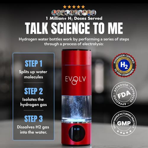 EVOLV Hydrogen Water Bottle Generator – SPE & PEM Water Ionizer 5.4PPM, Highest H2 Concentration – Portable 8oz Hydrogenated Water Bottle – Leak-Proof Hydrogen Water Machine, Easy to Use – Crimson