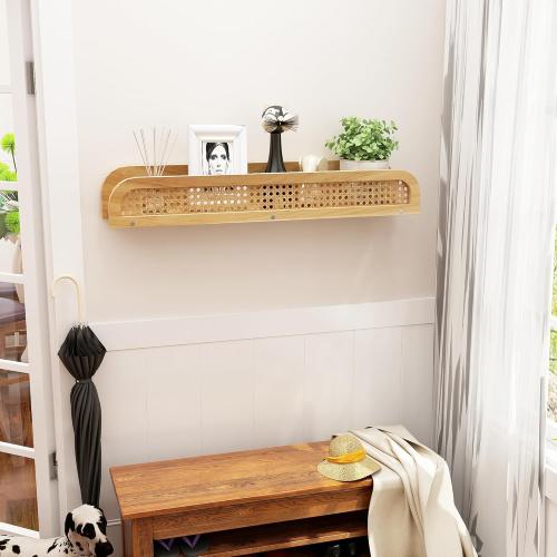 2pk Rattan Wall Shelf, Natural Boho Bookshelves for Wall, Modern Wooden Wicker Shelf, Cute Nursery Shelves, Floating Shelves for Kids Room, Living Room, Bedroom