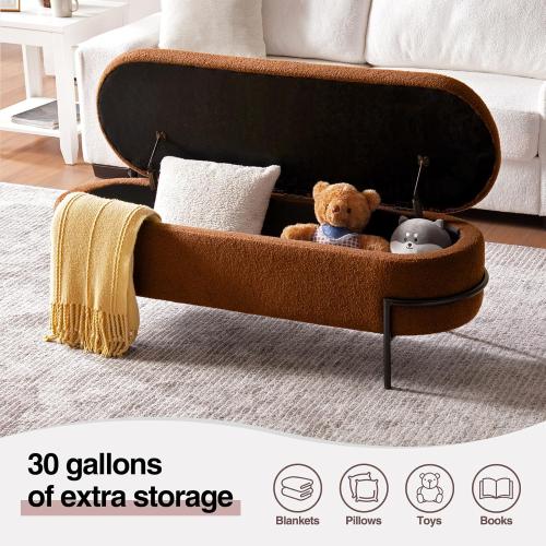 Size 52 Color brown Sherpa Storage Ottoman Bench for Bedroom, Brown End of Bed Bench with Storage, Upholstered Boucle Storage Bench with Metal Stand and Hinges, Oval Ottoman for Living Room, 52 Inch