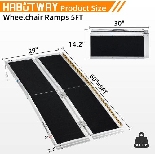 HABUTWAY 5ft Wheelchair Ramp, Portable Wheelchair Ramps for Home Steps, Double Non-Skid Ramps Hold Up to 800Lbs, Threshold Ramp for Home,Stairs, Curbs,Steps,Doorway