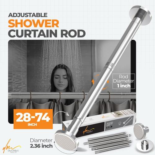 Silver Shower Curtain Rod Spring Tension, Stainless Steel Tension Curtain Rods No Drilling Required, Rust Free Shower Rods for Bathroom, Non-Slip Shower Tension Rod, Adjustable Curtain Rod (28” - 74”)
