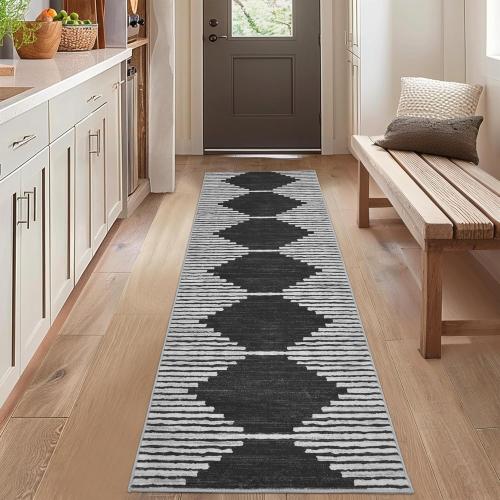 Size 2x6 Color Grey Hallway Runner Rug，2x6 Moroccan Modern Stripe Carpet Washable Machine Bathroom Runner Bohemian Design Modern Soft Non Slip Indoor Rug for Entryway Hallway Laundry Room Bedroom-Black
