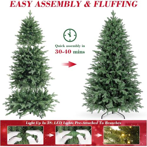 6ft Christmas Tree Prelit w/ 2085 PE & PVC Mixed 'Feel Real' Branch Tips, 400 Warm LED Lights, Hinged Spruce Artificial Xmas Tree with Metal Stand & Bag for Home, Office, Party Décor