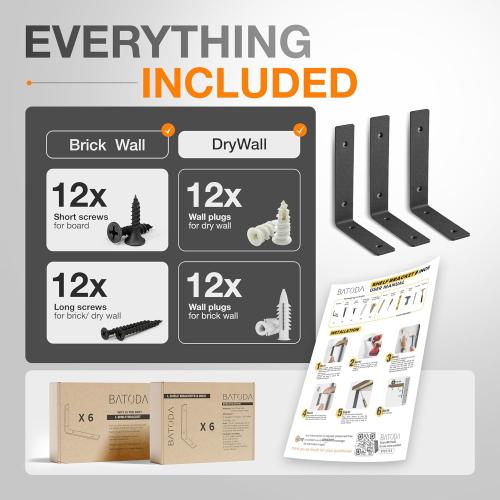 BATODA Pack 6 - 8''L Heavy Duty Shelf Brackets - L Shelf Brackets Black - Hook Brackets for Floating Shelves - Wall Mounted Support for DIY Open Shelving – Shelving Mounting Hardware Included