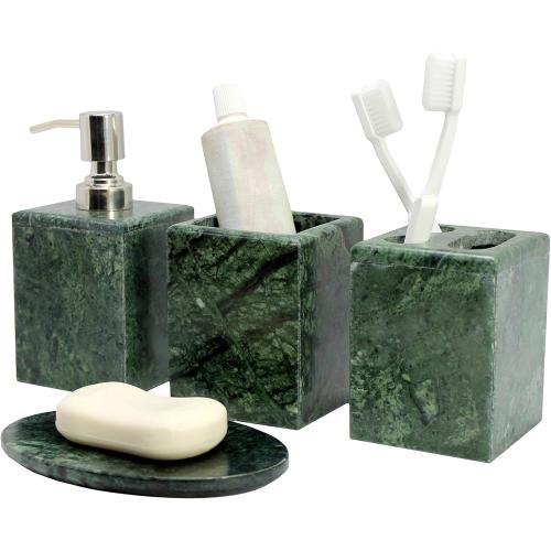 Bathroom Accessory Set Made from Natural Stone - Bath Accessories Set of 4 Includes Soap Dispenser, Toothbrush Holder, Tumbler and Soap Dish (Green)