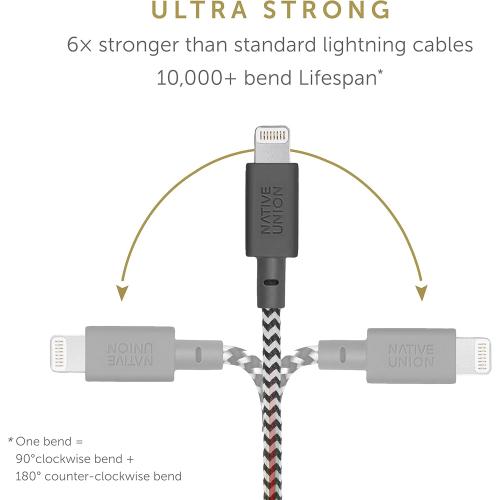 Native Union BELT Cable XL - 10ft Ultra-Strong Reinforced [MFi Certified] Durable Lightning to USB Charging Cable with Leather Strap compatible with iPhone 14, iPhone 13, iPhone 12 and Earlier (Zebra)