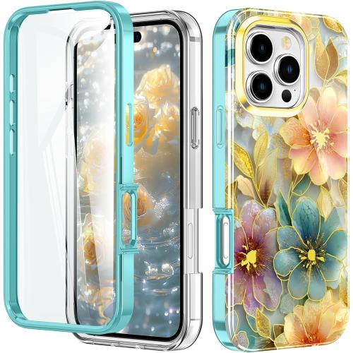 Cute Flower Case for iPhone 16 Pro Max 6.9 inch Built with Screen Protector, Lightweight and Stylish Full Body Shockproof Protective Rugged TPU Case for Women/Girls-Golden Peony Flower