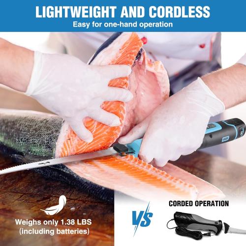 FLISSA Cordless Electric Fillet Knife for Fish with 8 and 10 Stainless Steel Blades, 12V Rechargeable Electric Knife with Non-Slip Handle, 2 Packs Long Lasting Lithium-ion Battery, Portable Carry Case
