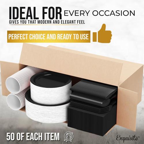 Exquisite 350 Pcs Black Paper Plates For Party, Black Disposable Plates Set, 50 Of Each 9 Dinner Plate Set, 7 Dessert Plate, Cups, Napkins & Cutlery Paper Dinnerware