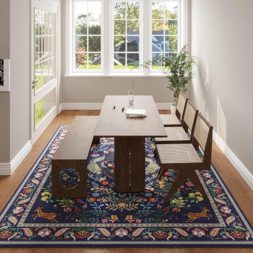Rugcomf Area Rugs for Living Room Washable Rug Floral Non-Slip Large Rug for Living Room, Bedroom, Farmhouse, Dining Room, Kids Playroom(Blue)