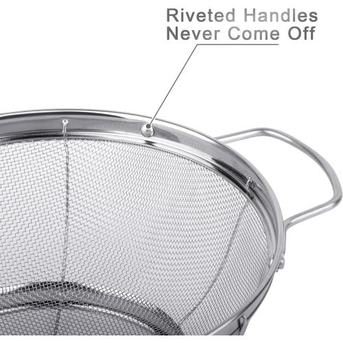3 Pack 18/8 Stainless Steel Colander Sieves(5-Quart, 4-Quart and 3-Quart), Mesh Strainer Net Baskets with Handles & Resting Base for Strain, Drain, Rinse or Steam