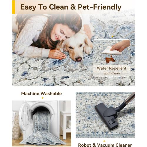 Area Rugs 8'x10' Washable Non-Slip, Floral Vintage Distress Print Pattern Medallion Carpet for Living Room Bedroom Dining Room, Light Blue Navy Beige Gray White