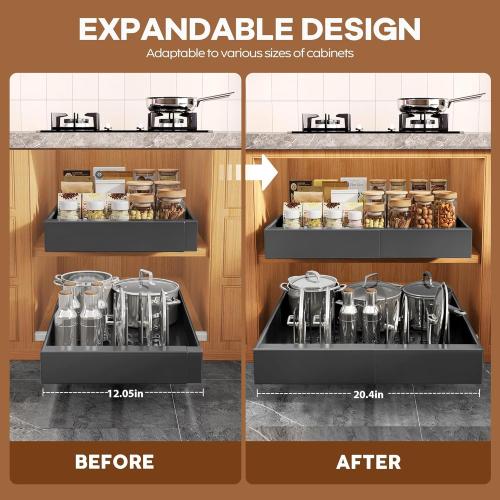 4Pack Expandable Pull Out Cabinet Organizer 21Deep With Raising Pad for Framed Cabinets,Slide Out Drawers with 4pcs Divider Racks,Roll Out Shelves Adhesive,Adjustable Width 12.05-20.4Black