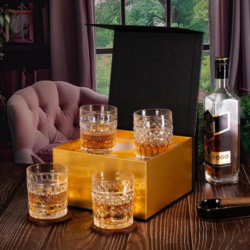 Whiskey Glasses Set of 4 with Luxury Box, 10oz Old Fashioned Whiskey Glasses Gift for Cocktails Rum Cognac Bourbon Liquor Rocks Glasses Men Gift(Mixed)