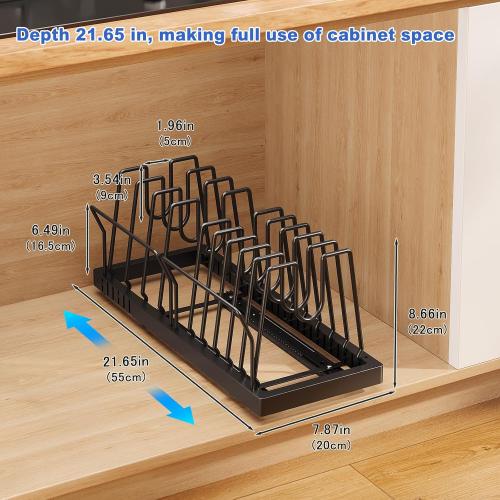 2 Pack Pots and Pans Organizer Under Cabinet, 21.6 Deep Pull Out Pot Lid Organizer Holder with Guardrail Adhesive Pot and Pan Holder Rack with 10 Adjustable Dividers(Black)