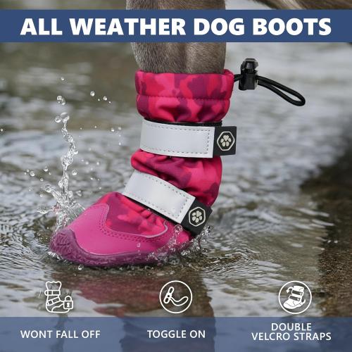 Spark Paws Dog Rainboots, Waterproof Dog Shoes for Medium to Large Dogs, Non Slip, Dog Booties and Paw Protectors - 4PCS Doggie Hiking Boots with Reflective Straps - Pink Camo, Size 1