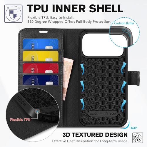 TUCCH Wallet Case for iPhone 17 Pro Max (6.9) 2025, RFID Blocking 4 Card Holders | Kickstand | Shockproof TPU Shell | PU Leather | Magnetic Closure | Protective Flip Folio Cover | Black