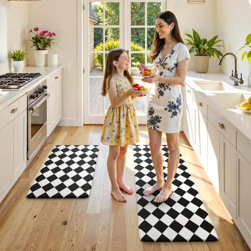 KIMODE Farmhouse Kitchen Rugs, Anti-Fatigue Kitchen Mats, Non-Slip, Cushioned Standing Mat, 17x47 17x29, Black Diamond Check