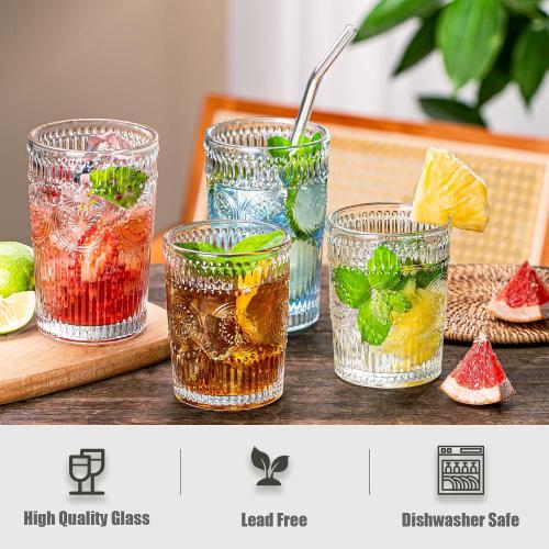 Vintage Drinking Glasses, Textured Clear Striped Glass Cups-6 Highball Glasses 13oz & 6 Rocks Glasses 10oz, Ribbed Glassware Set, Mojito Cups, Cocktail Glass, Iced Coffee Cup