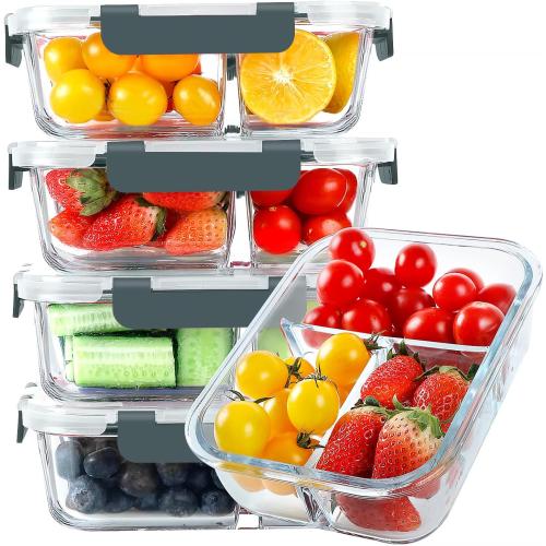 KOMUEE Glass Meal Prep Containers 3 Compartments, 5 Pack 36 oz, Glass Food Storage Containers with Lids, Airtight Lunch Bento Box, Portion Control, Freezer and Microwave Safe