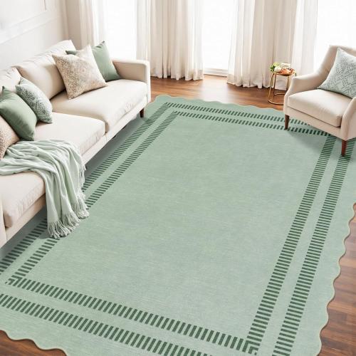 Washable 8x10 Rugs for Living Room Bedroom, Non-Slip Sage Green Indoor Carpet for Dining Room Office, Ultra Thin Scalloped Soft Carpets for Kids Nursery Playroom