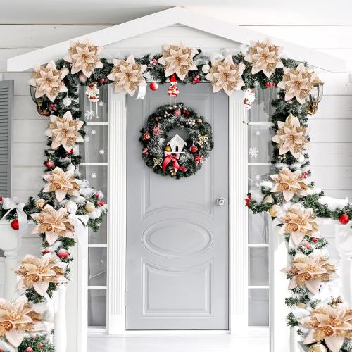 Glitter Christmas Poinsettia Artificial Xmas Flower Ornaments Flowers Decorations with Clips and Stems Glitter Poinsettia Christmas Tree Ornaments for Christmas Wedding (Champaign Gold,36 Pieces)