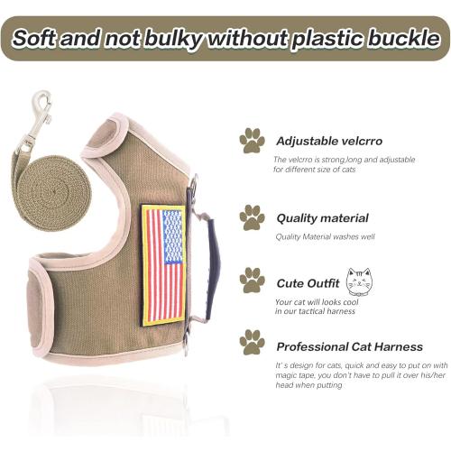 Tactical Cat Harness and Leash for Walking Escape Proof, Adjustable Cat Walking Jackets, Padded Stylish Cat Vest, Khaki, X-Large