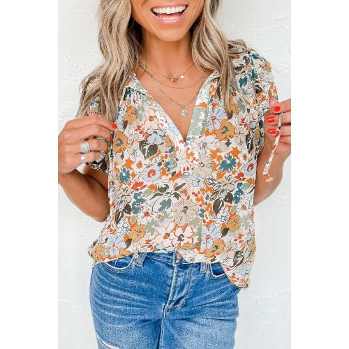 Size XL ..Women's Casual Chiffon Crew Neck Floral Print Ruffle Bubble Sleeve Blouse Fashion Loose Soft Summer Shirt Pullover Top