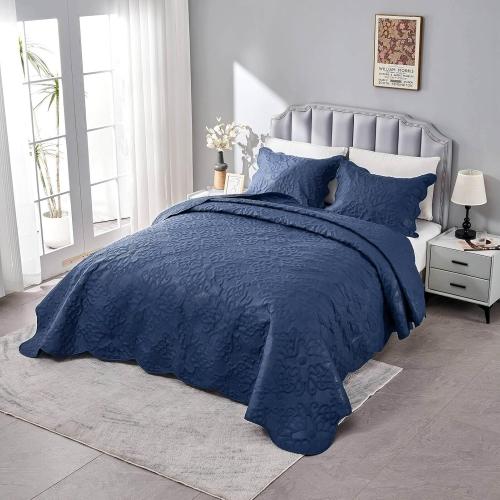 Oversized King Bedspreads 128x120 Extra Wide Quilt for Tall King California King Bed Lightweight 3 Piece Quilted Coverlet Pillow Shams Set Navy