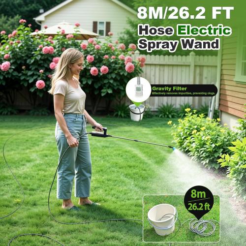 Size 32 inch Battery Powered Sprayer Wand, 32 Inch Garden Sprayer Telescopic Wand with 3 Adjustable Speeds, Battery Indicator, 26.2 FT Hose, 7.4V Rechargeable Water Sprayer Wand with 4 Adjustable Nozzles & Filter