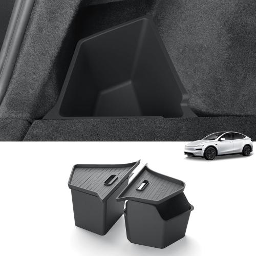 LUCKEASY Rear Trunk Storage Bins Fit for Tesla Model Y Juniper 2025 2026 Trunk Side Storage Box with Lids Rear Cargo Garbage Bins for Model Y Juniper 2025.03-Present Accessories Black TPE