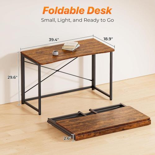 Huuger Folding Desk for Small Spaces, 39.3 Inch Foldable Computer Table, for Home Office, Study, Bedroom, Dorm, Space Saving, Small Writing Work Office Computer Desk, Easy to Fold, Rustic Brown